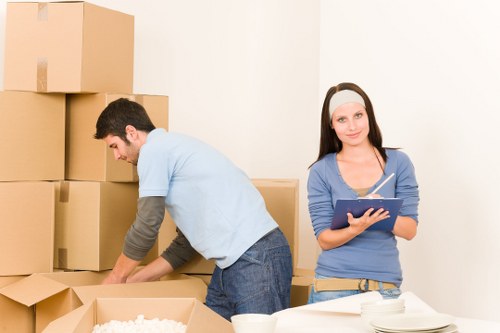 Professional movers carrying boxes for a flat move in Enfield